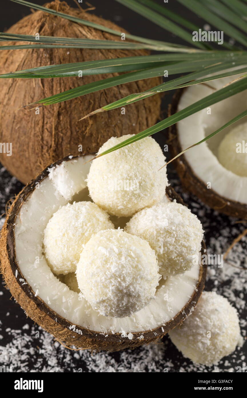 Cocco fresco e noce di cocco cookie sul legno scuro dello sfondo Foto Stock