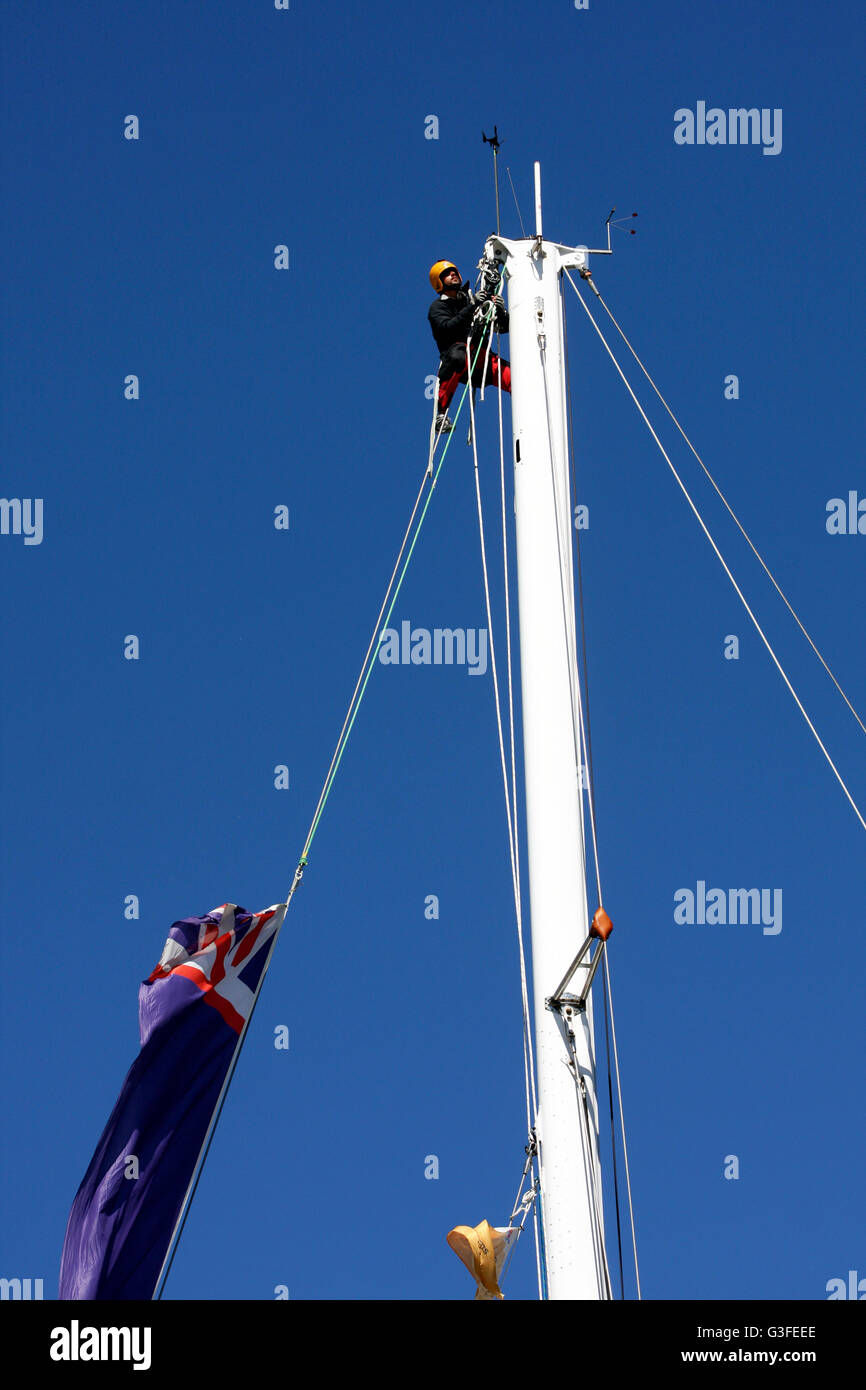 New York, Stati Uniti d'America. Decimo Giugno, 2016. Un membro di equipaggio del grande Britian-Northern Irlanda Team il team risale il montante come equipaggi pulire in profondità le loro navi in libertà sbarco Marina in New Jersey a fine gara delle Americhe parte del Clipper il giro del mondo in barca a vela. Le squadre hanno cominciato a tagliare il traguardo di ieri e di rendere il loro modo nell'area di New York City. Credito: Adam Stoltman/Alamy Live News Foto Stock