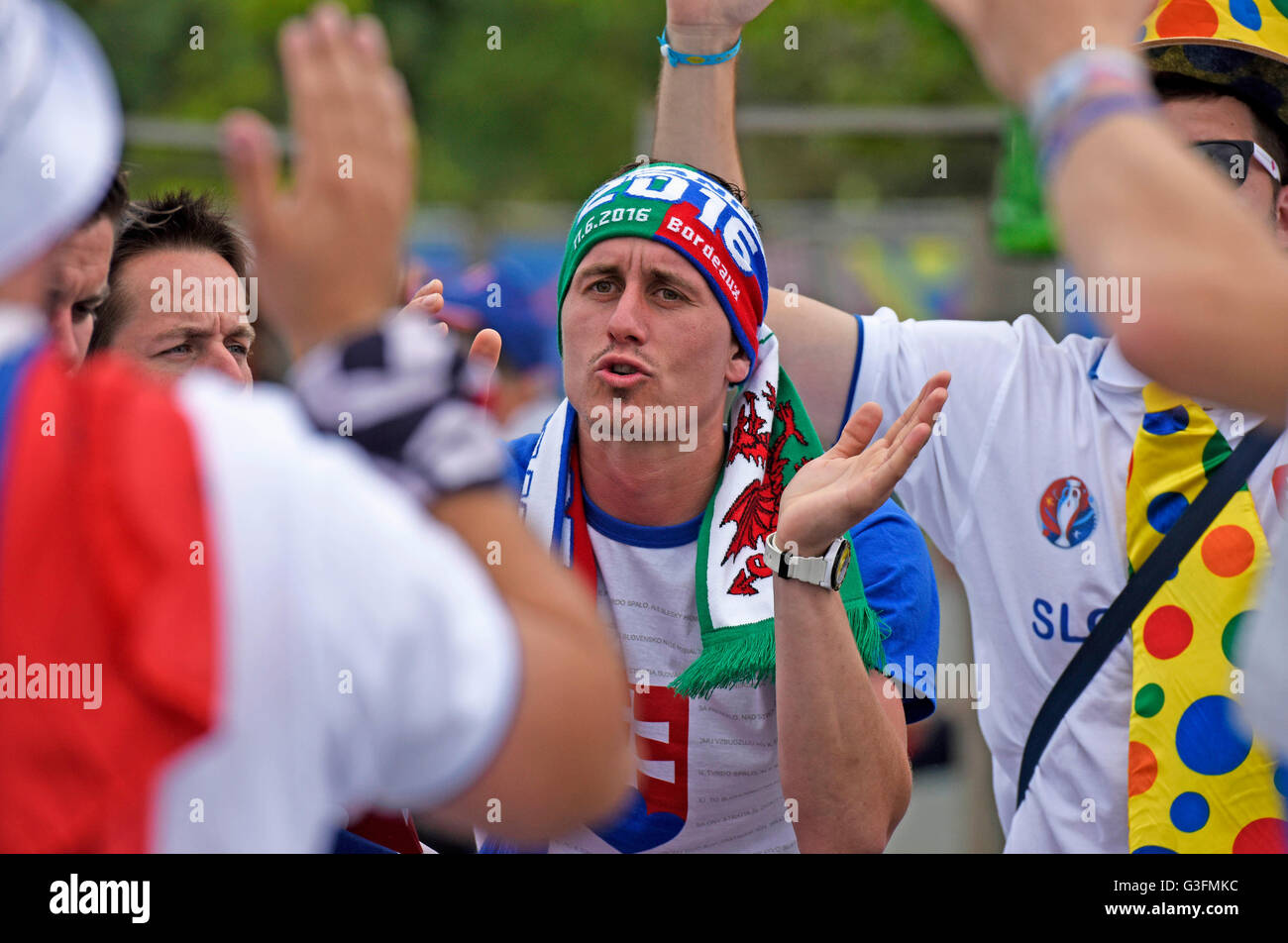 Bordeaux, Francia. 11 Giugno, 2016. Euro 2016 - Galles v Slovacchia : Slovacco i tifosi di calcio in alta spiriti al di fuori del Stade de Bordeaux stadium di Bordeaux in Francia questo pomeriggio precedendo di kick off. Credito: Phil Rees/Alamy Live News Foto Stock Bordeaux, Francia. 11 Giugno, 2016. Euro 2016 - Galles v Slovacchia : Slovacco i tifosi di calcio in alta spiriti al di fuori del Stade de Bordeaux stadium di Bordeaux in Francia questo pomeriggio precedendo di kick off. Credito: Phil Rees/Alamy Live News Foto Stock