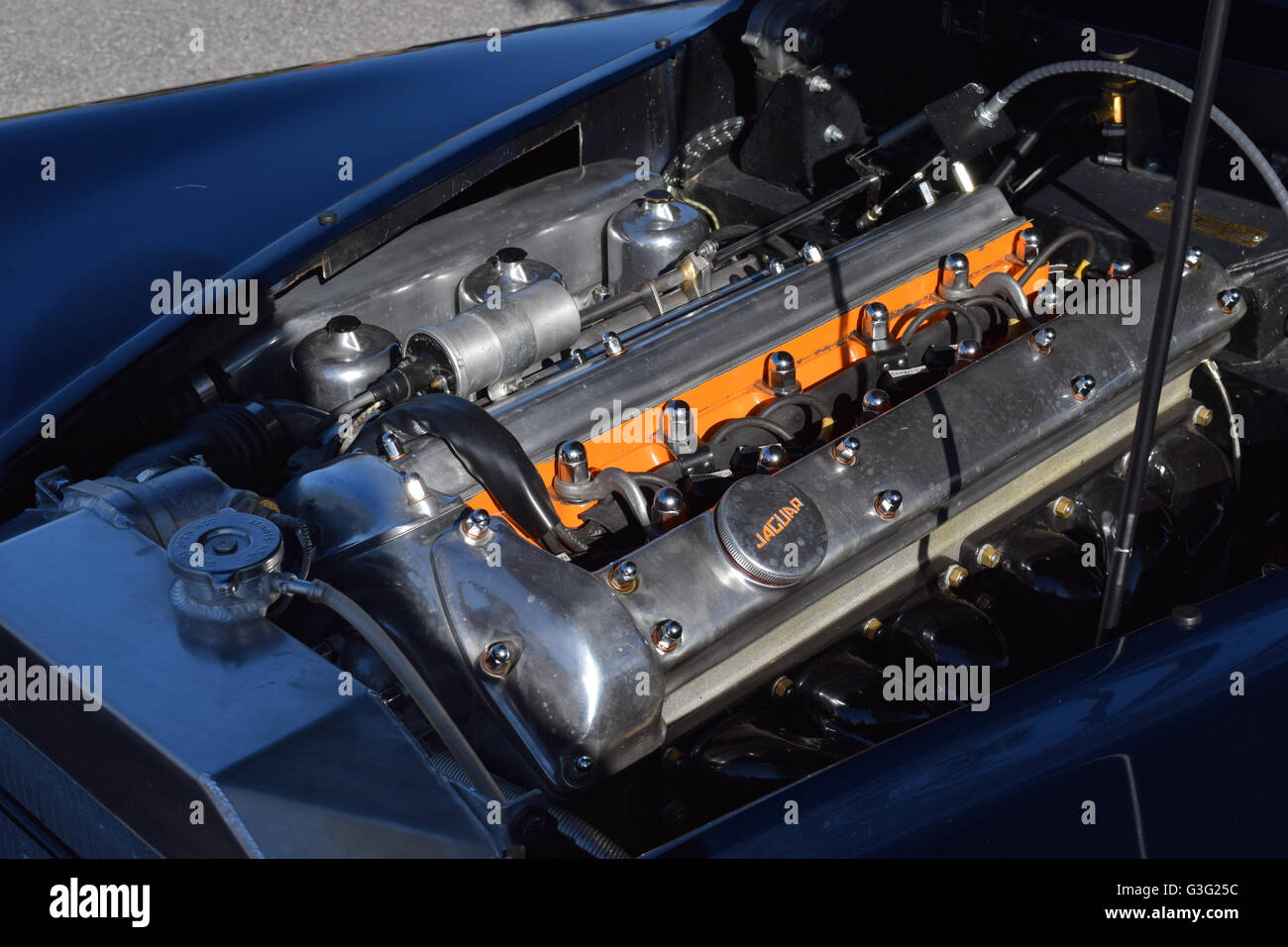 Il motore in un vintage Jaguar auto. Foto Stock