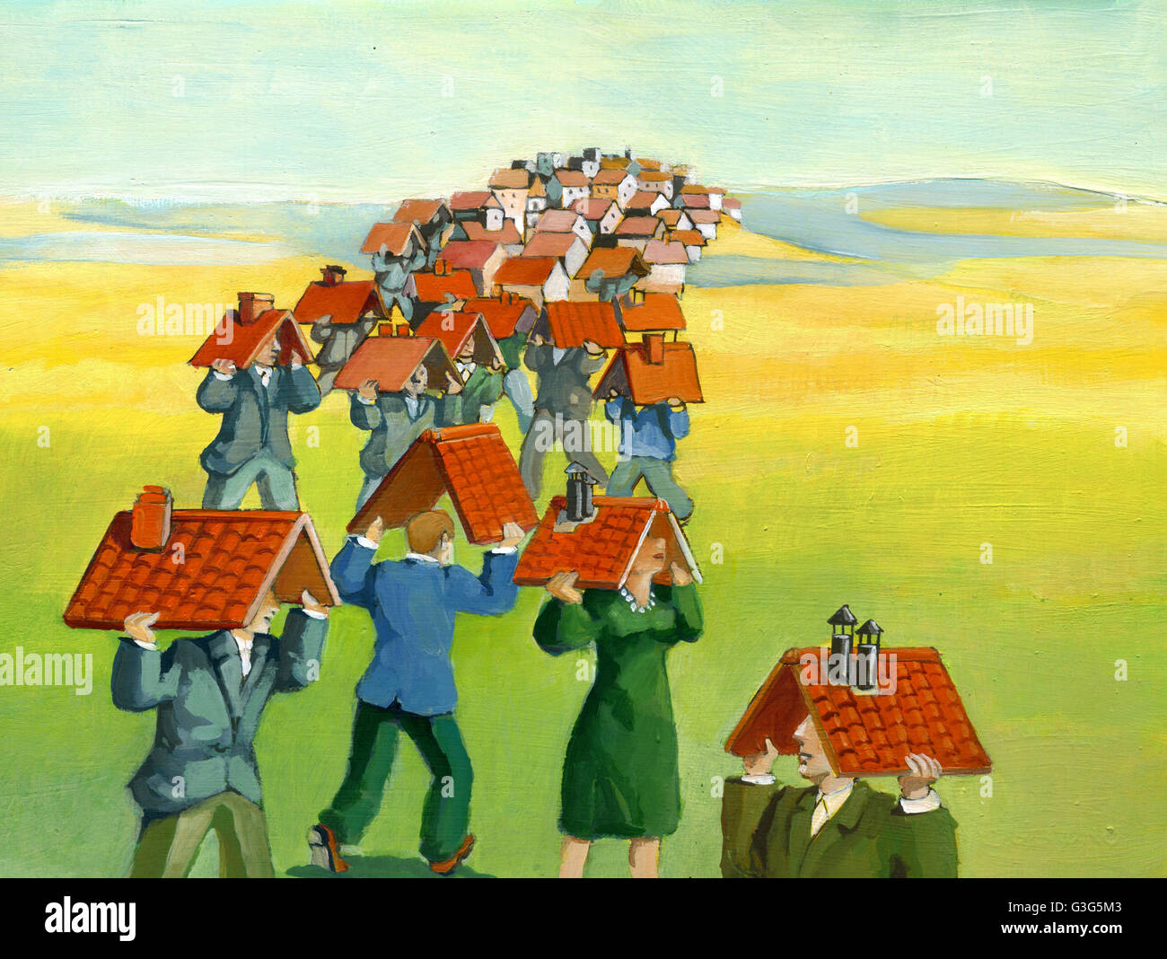 Una comunità di persone con un tetto a forma di overhead un villaggio su una collina Foto Stock