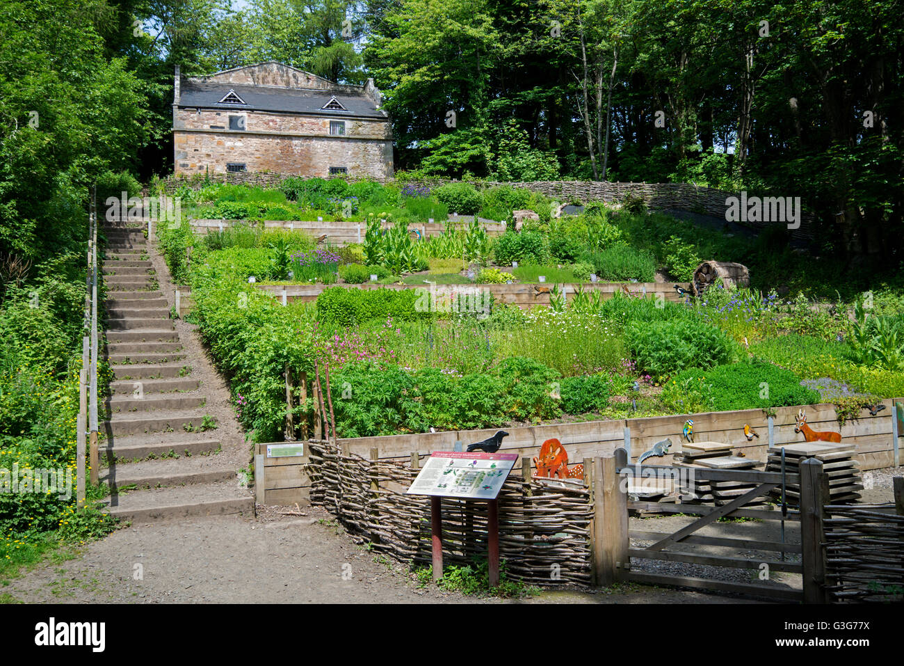 Il Doocot e giardino murato nel parco dell'Hermitage di treccia di Edimburgo. Foto Stock