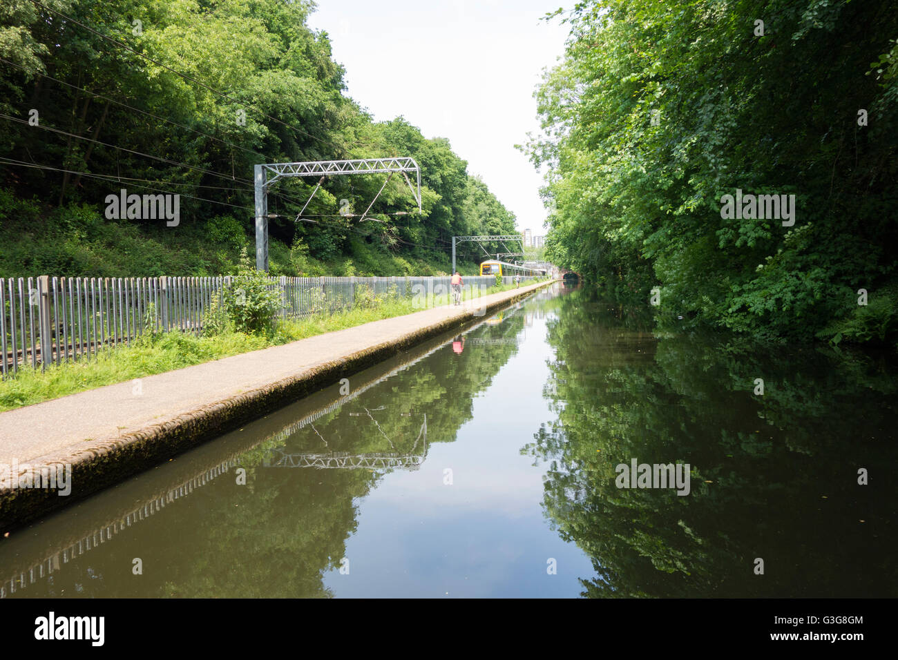 Il Birmingham a Worcester linea ferroviaria in esecuzione accanto al Worcester & Birmingham Canal Foto Stock