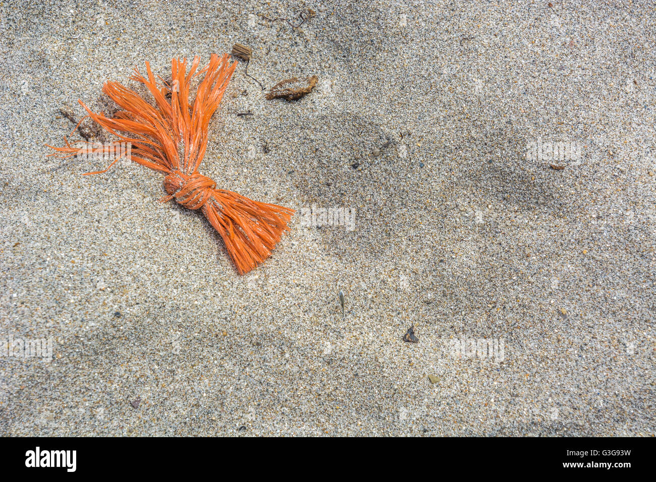 Piccolo pezzo di colore arancione del pescatore Rete a strascico si è incagliata sulla spiaggia sabbiosa. Plastica inquinamento del mare / Mare di plastica. Il concetto di pulizia costiera giorno. Foto Stock