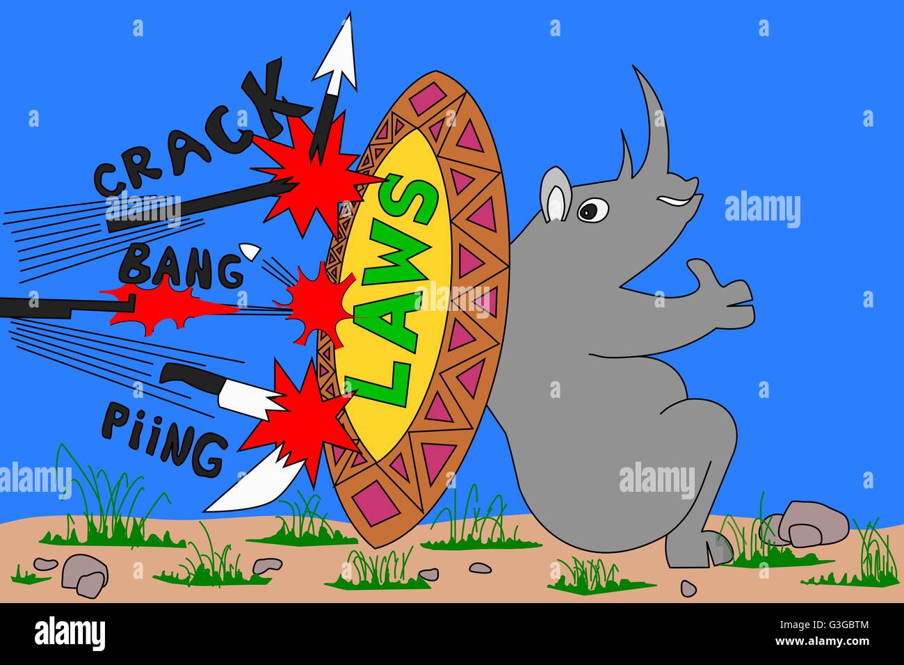 Cartoon della protezione e della conservazione della fauna selvatica contro il bracconaggio illustrante un fallito attentato su Rhino e uno scudo di leggi Illustrazione Vettoriale