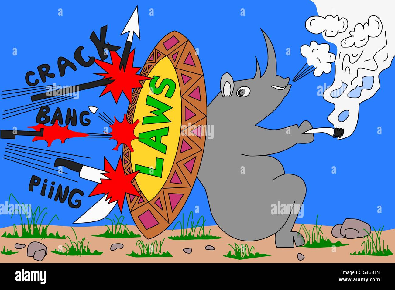 Cartoon della protezione e della conservazione della fauna selvatica contro il bracconaggio illustrante un fallito attentato su Rhino e uno scudo di leggi Illustrazione Vettoriale