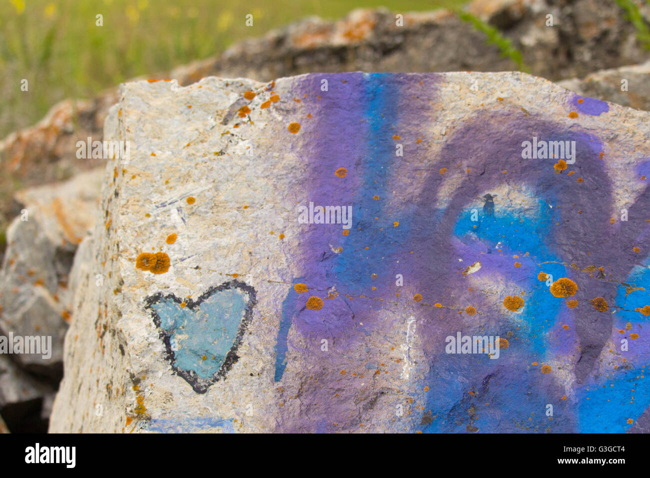 Viola e blu di graffiti su una roccia a Rocky Butte in Ronan, MT. Foto Stock