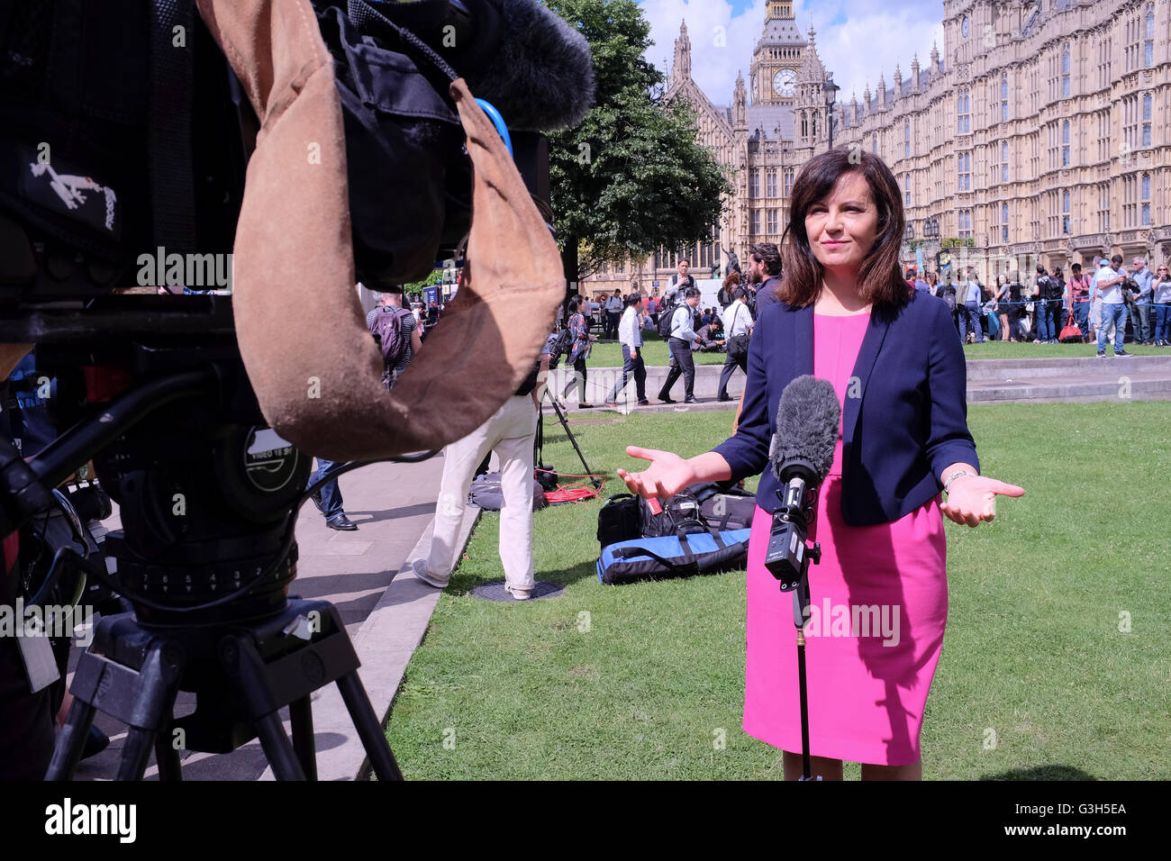 Londra, Regno Unito. Il 24 giugno 2016. Elemento di lavoro del Parlamento, Caroline Flint, è stato intervistato in diretta su telecamera da BBC News di fronte alla sede del Parlamento, Foto Stock