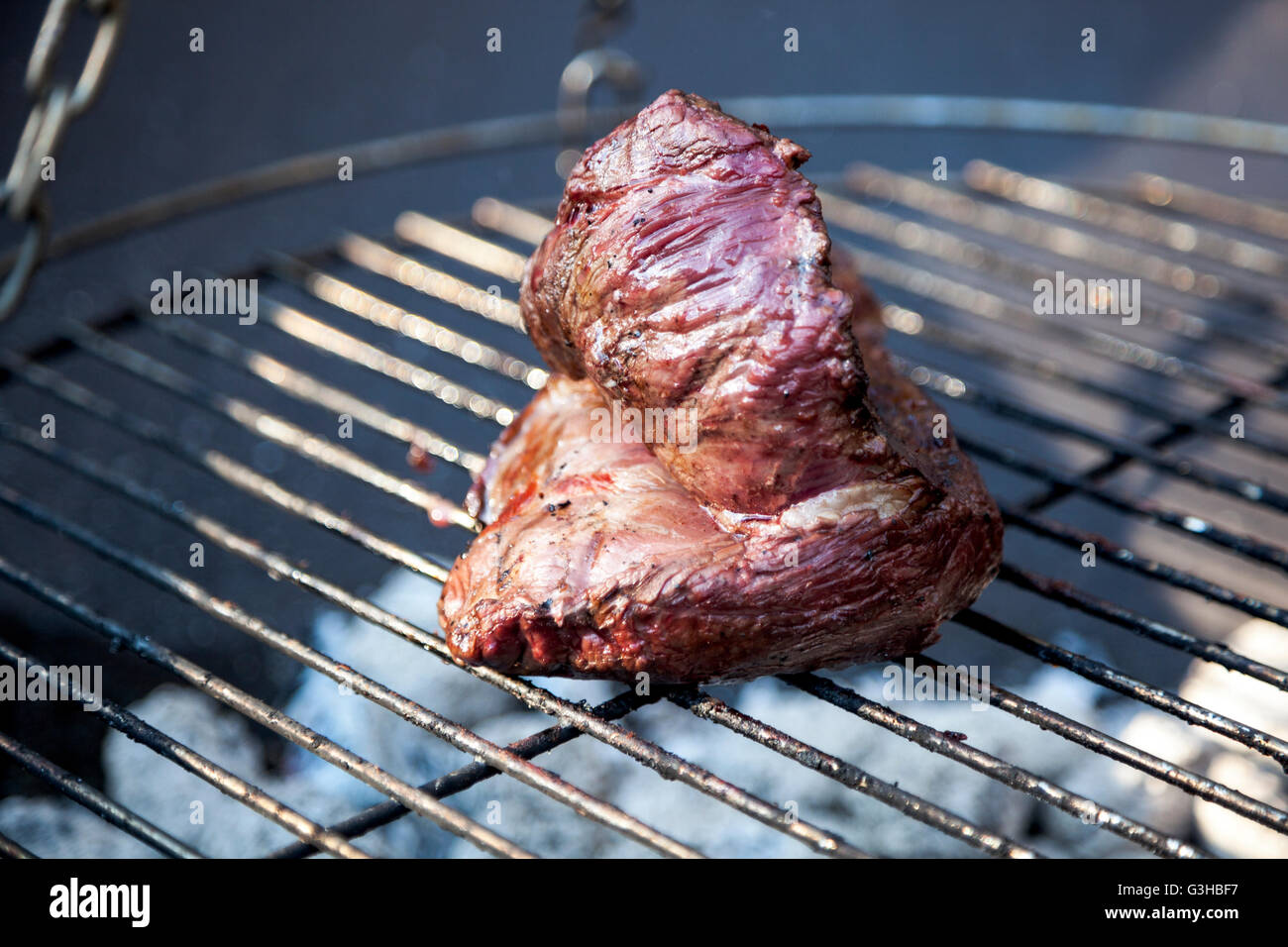 Un succoso pezzo di carne di cervo su un grill Foto Stock