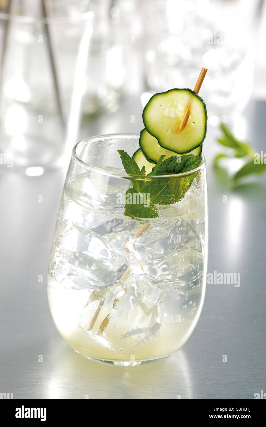 Il cetriolo cocktail mojito fatta con il cetriolo e le foglie di menta, canna da zucchero, il succo di lime, rum e soda water. Foto Stock