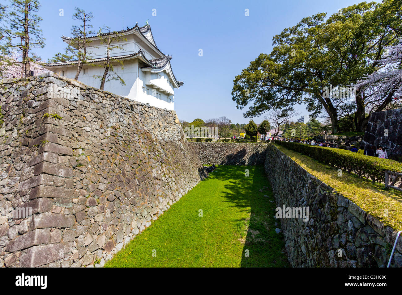 L'angolo sud est torretta, Tatsumi yagura, sulla parte superiore del muro di pietra base con fossato asciutto. Il Castello Nagoya, Giappone. La primavera con cielo blu. Foto Stock