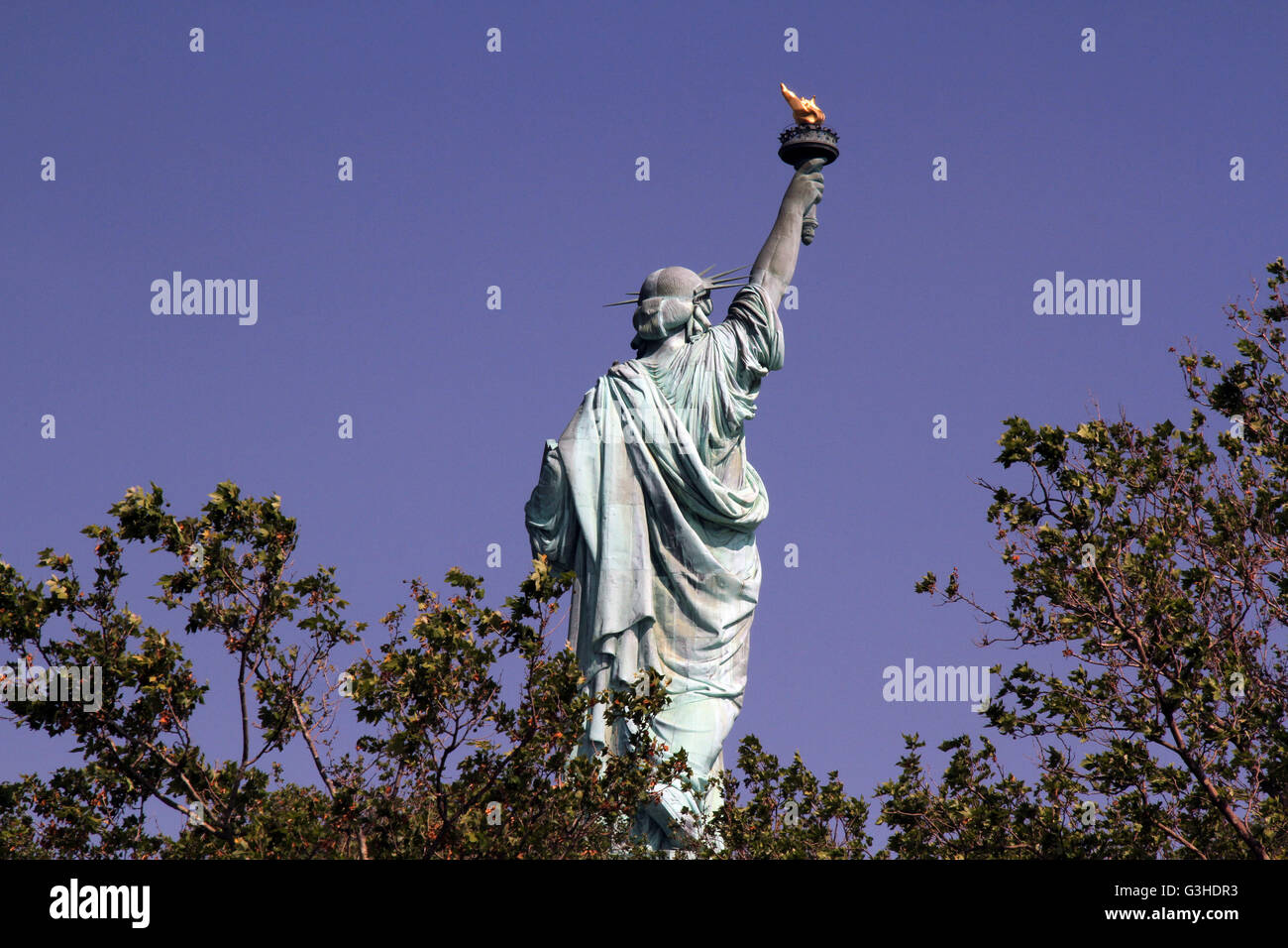 Statua della Libertà come osservato dal lato posteriore dell'isola nel porto di New York Foto Stock