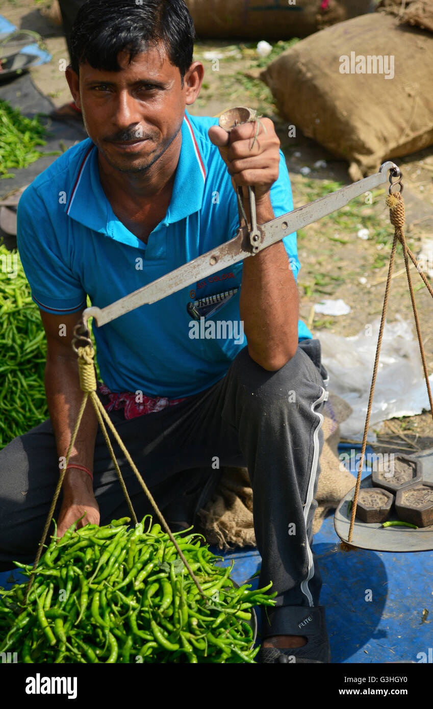 Peperoncino verde venditore a livello locale mercato ortofrutticolo in India Foto Stock