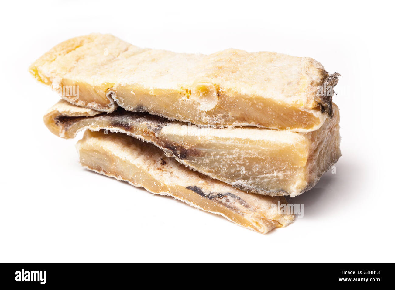 Bacalhau portoghese sale tradizionali baccalà, isolato su un bianco di sfondo per studio. Foto Stock