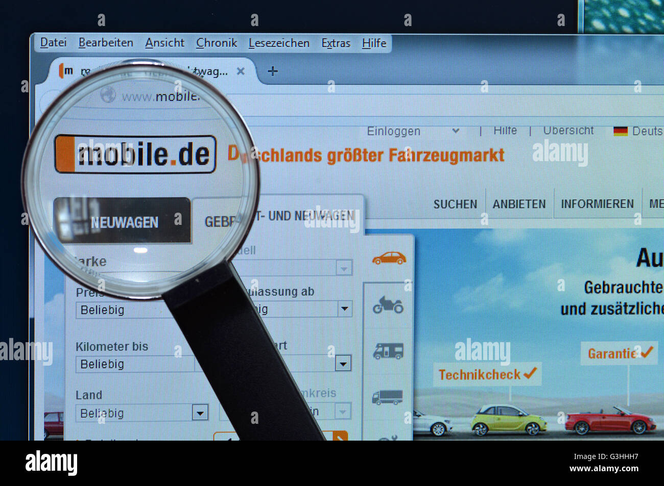 Mobile.de, homepage, Bildschirm, Lupe Foto Stock