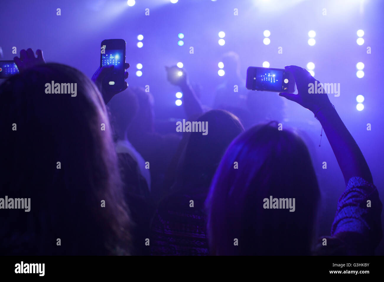 Gruppo di persone ad un concerto, scattare fotografie dello stadio, utilizzando gli smartphone, vista posteriore Foto Stock