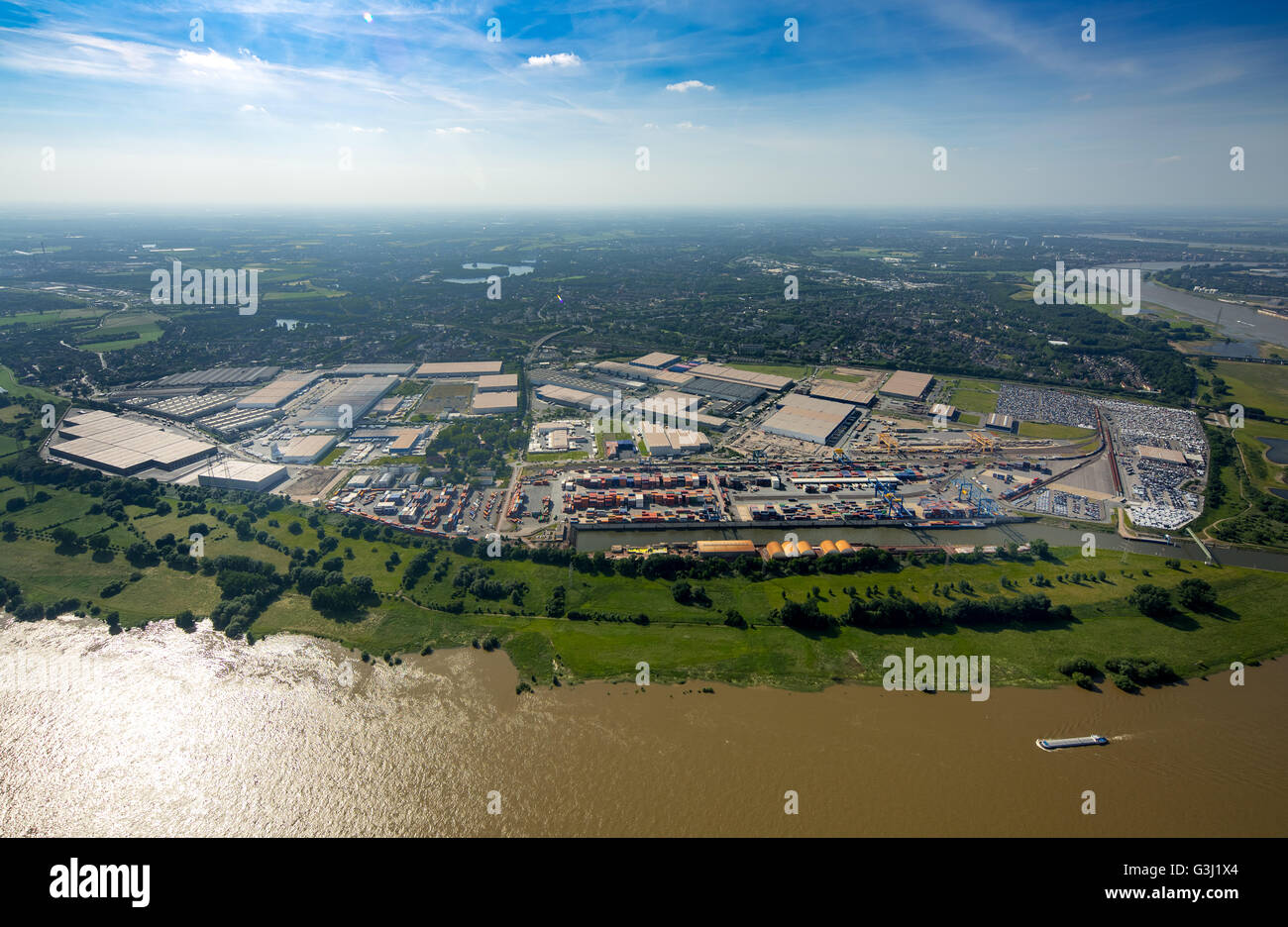 Vista aerea, Logport in Rheinhausen sul Reno con terminale per container e Reno flood, Duisburg, regione della Ruhr, Foto Stock