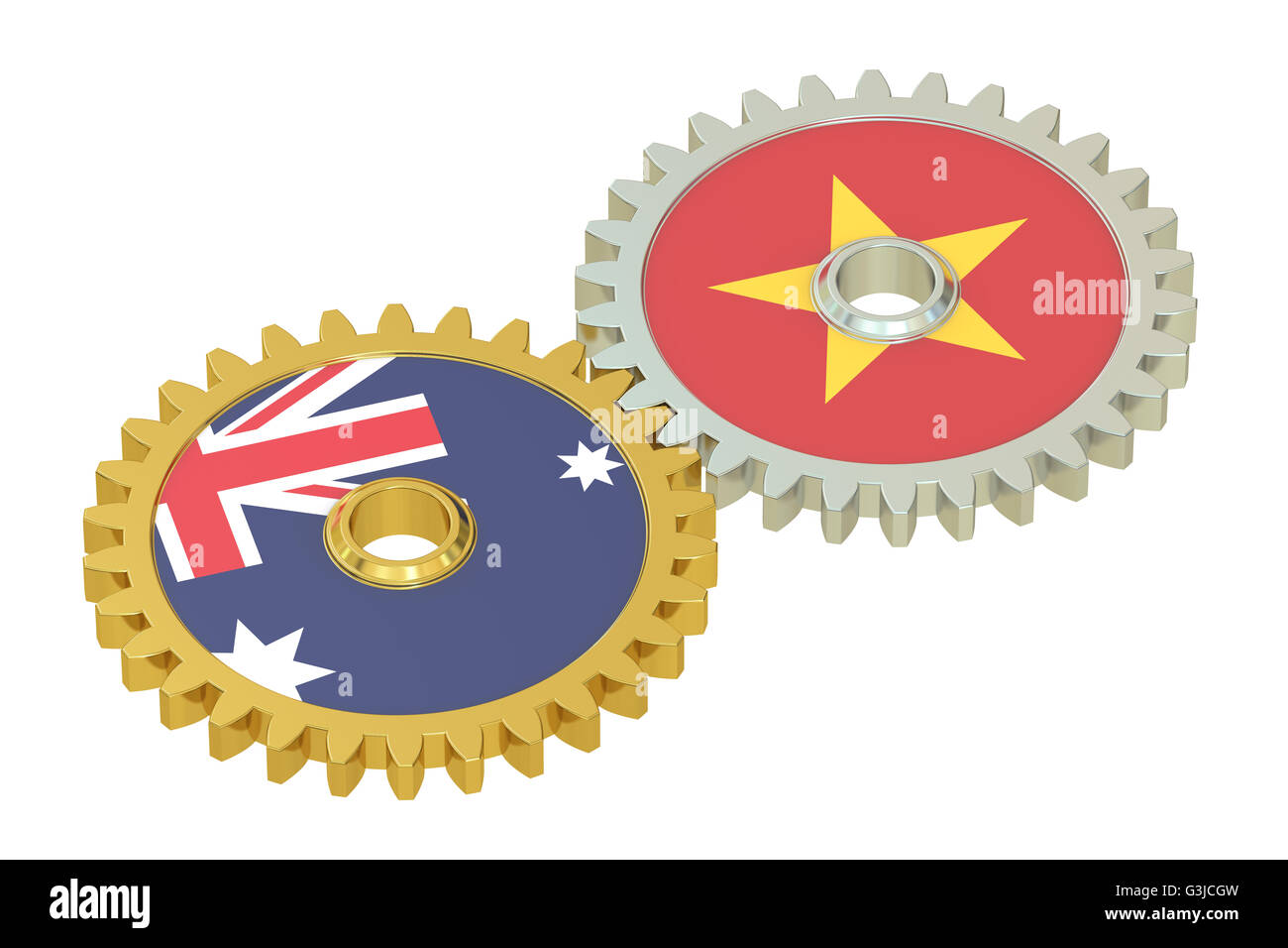Australia e Vietnam bandiere su un ingranaggi, 3D rendering isolati su sfondo bianco Foto Stock