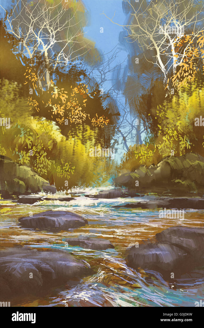 Pittura di paesaggio del creek nella foresta,fiume,cascata, illustrazione Foto Stock