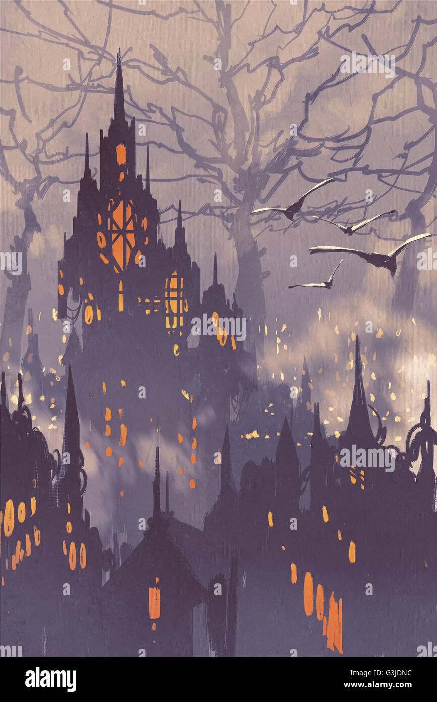 Fantasy,città fiabesca cittadina con grandi alberi,landscape illustrazione Foto Stock