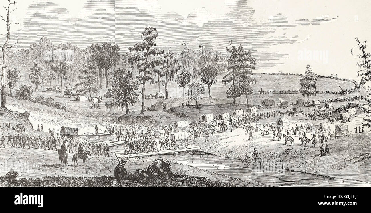 La guerra in Louisiana - l'esercito del generale Le banche attraversando Vermiglio Bayou, Ottobre 10, 1863. USA LA GUERRA CIVILE Foto Stock