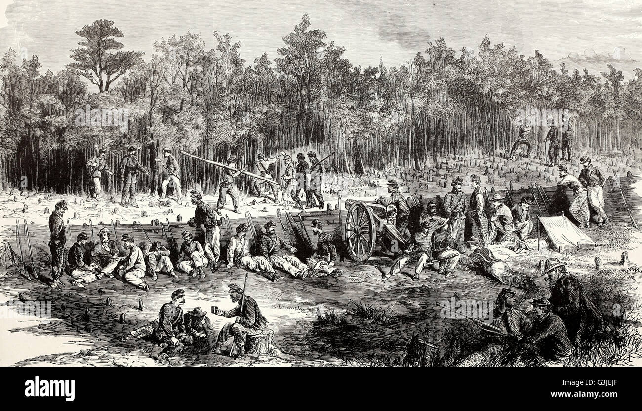 La guerra in Virginia - Schizzo della linea della seconda armata alla battaglia del deserto, 6 maggio 1864 - Aspettando il nemico. USA LA GUERRA CIVILE Foto Stock