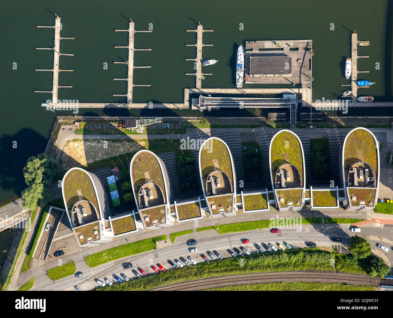 Vista aerea, Innenhafen Schifferstraße WDR Studio Duisburg, edifici per uffici cinque barche, Duisburg, regione della Ruhr, Foto Stock