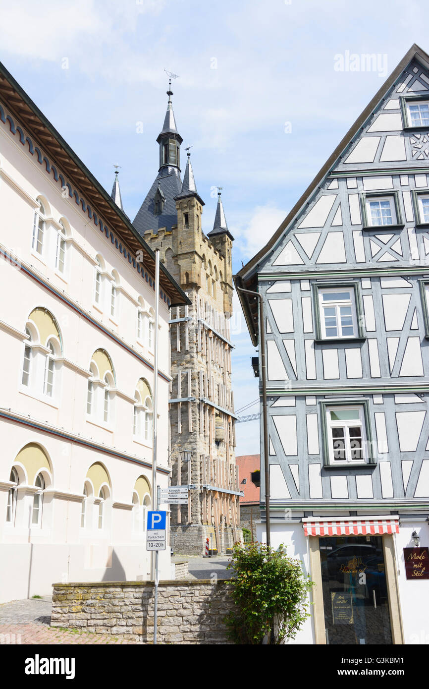 Town Hall (sinistra), Blauer Turm (Blue Tower), Germania, Baden-Württemberg, Heilbronner Terra, Bad Wimpfen. Foto Stock