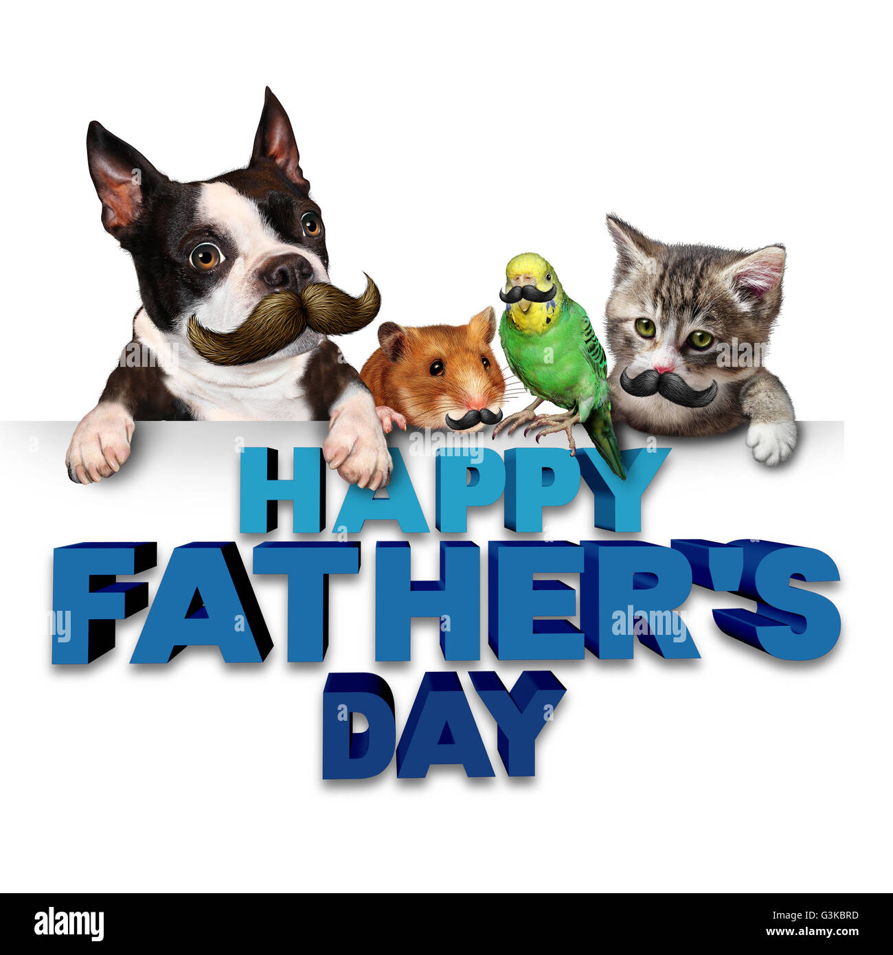 Padri giorno saluti concetto divertente come un gruppo di animali domestici con mustaches o baffi simboli come una divertente festa del papà e la paternità genitorialità con 3D illustrazione eleements. Foto Stock