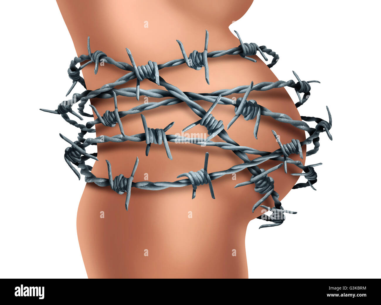 Gravidanza il dolore come una donna incinta pancia avvolto con forte filo spinato come una medicina materno metafora di contrazioni dolorose Foto Stock
