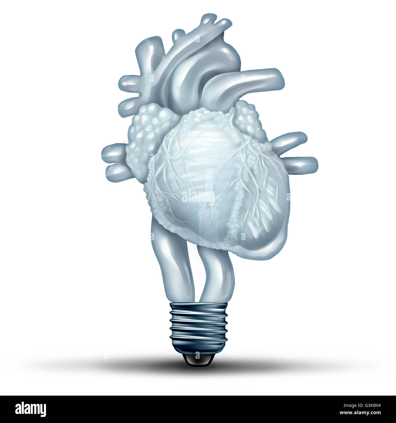 La salute del cuore come soluzione di umano organo cardiovascolare conformata come una lampadina elettrica o la lampadina come medico e medicina metafora per il corpo sano di idee e il flusso di sangue trattamenti di terapia di pensare con 3D'illustrazione degli elementi. Foto Stock