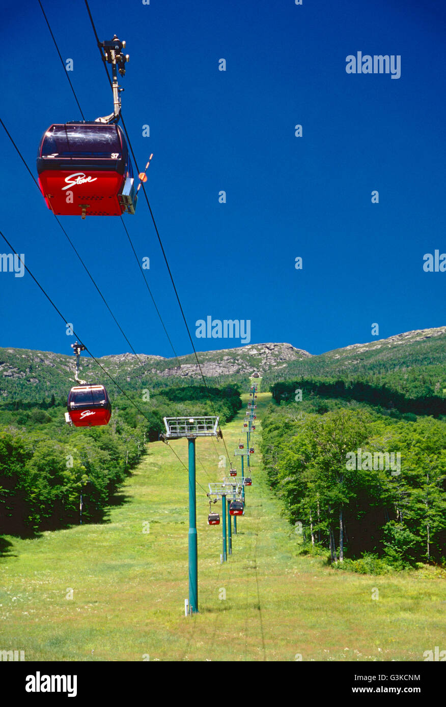 Vista estiva della gondola fino a Mt. Mansfield (4393'), Stowe, Vermont, nel verde delle montagne, STATI UNITI D'AMERICA Foto Stock