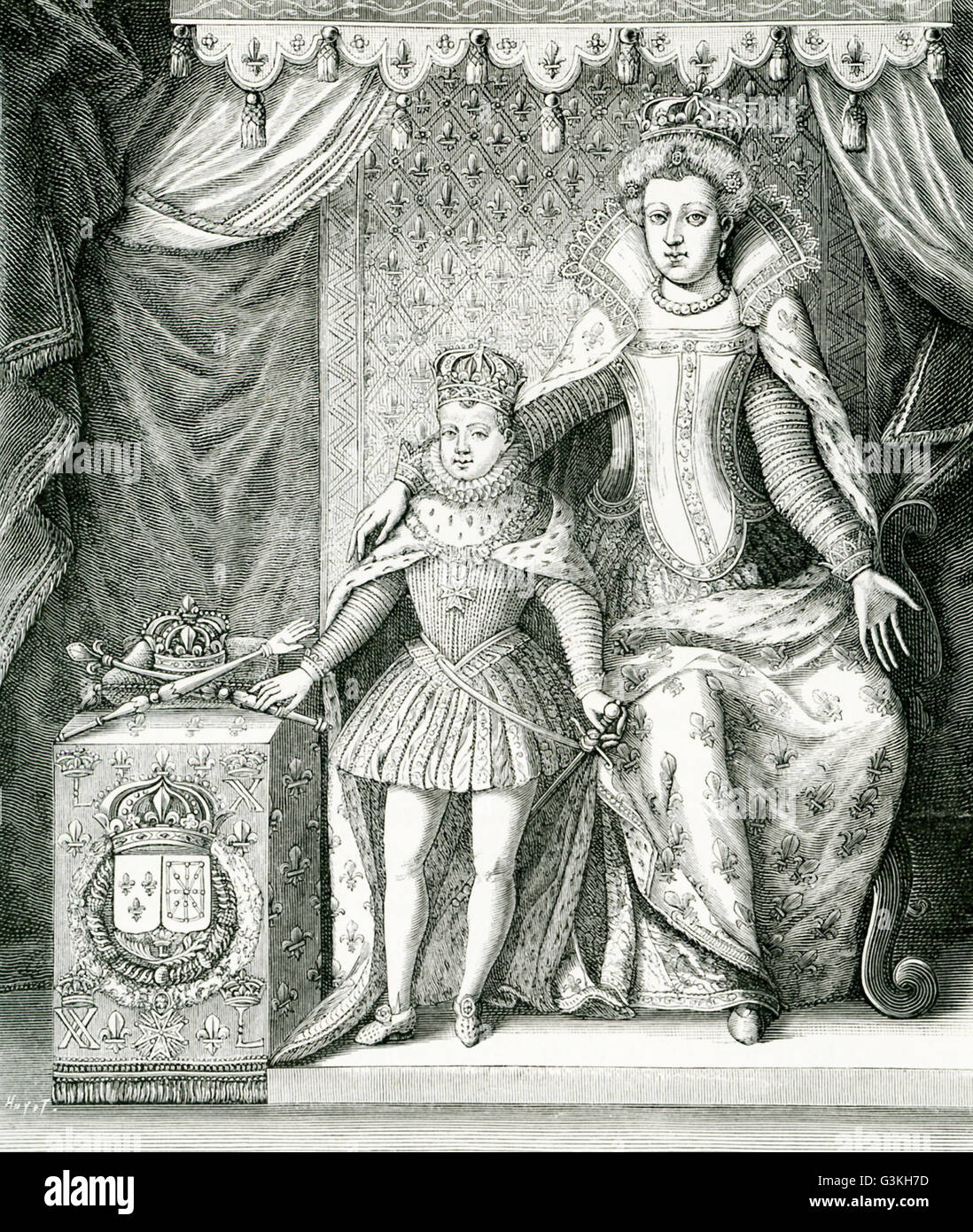 La didascalia di questa incisione recita: Marie de Medicis, il Reggente e suo figlio Luigi XIII di Francia. L'immagine è basata su una stampa che era stato firmato: Nicolas de la Mathoniere eseguito questo; F. Quesnel dipinto. La data è il 1610. Marie (1575-1642) è stata la seconda moglie di Enrico IV di Francia e quindi regina di Francia. Henri fu della Casa di Borbone. Lei era della ricca casa di medici in Italia. Il marito è stato assassinato nel 1610 e ha servito come reggente per suo figlio fino a che suo figlio ha preso il potere quando era 17 ed ella fu esiliato. Foto Stock