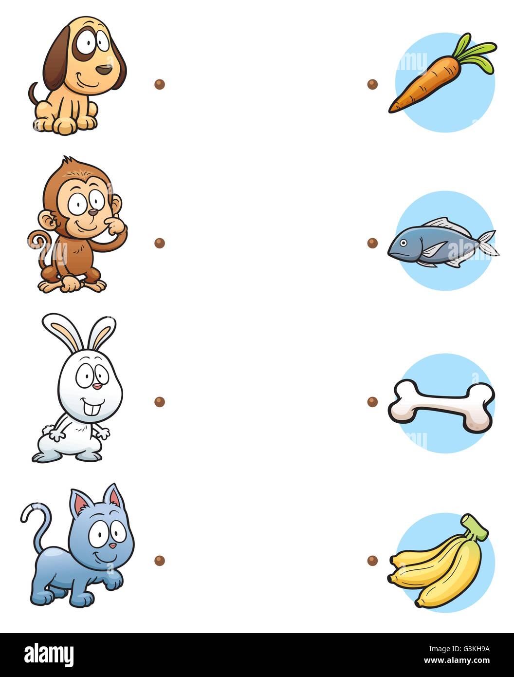 Illustrazione Vettoriale di fare la scelta giusta e collegare i puntini animale con il loro cibo Illustrazione Vettoriale