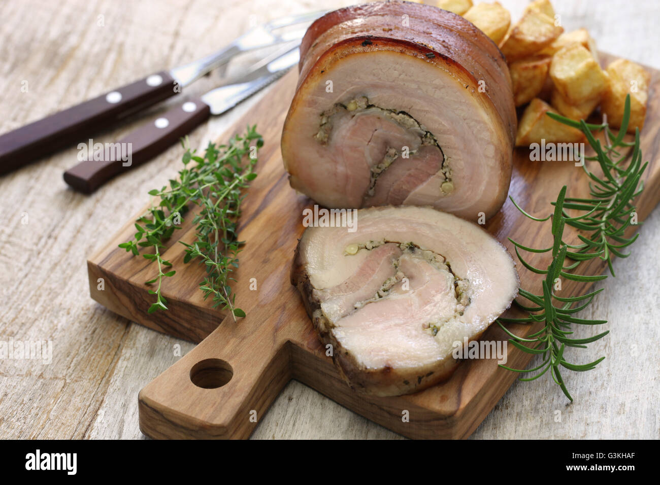 In casa della porchetta, italiano di arrosto di maiale Foto Stock