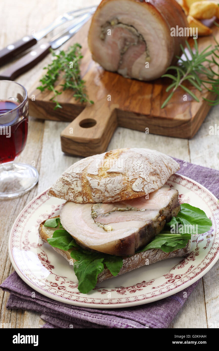 In casa panini porchetta, italiano di arrosto di maiale sandwich Foto Stock