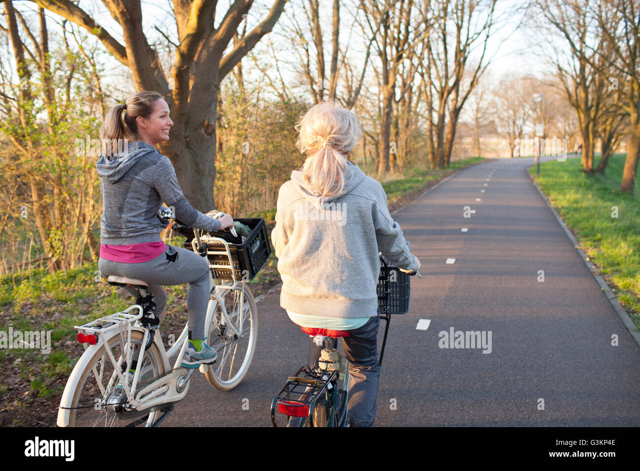Vista posteriore delle donne ciclismo su strada alberata Foto Stock
