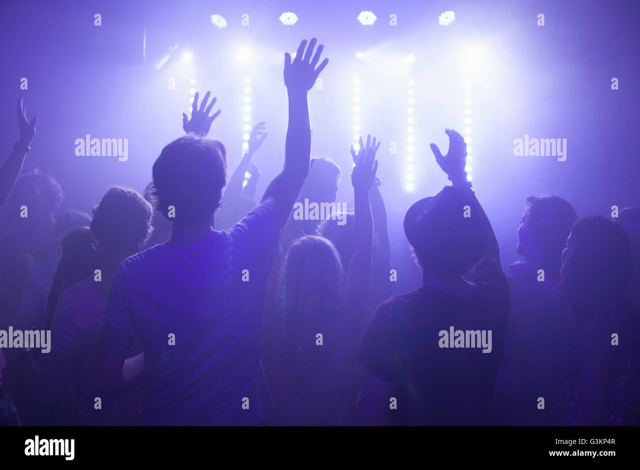 Vista posteriore del gruppo nel club a braccia alzate la visione di concerto Foto Stock