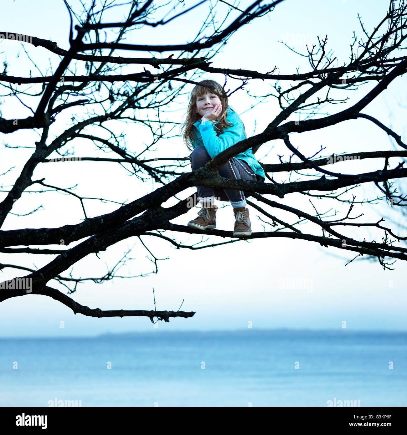 La ragazza di albero da oceano seduti sul ramo, mano sul mento che guarda lontano Foto Stock