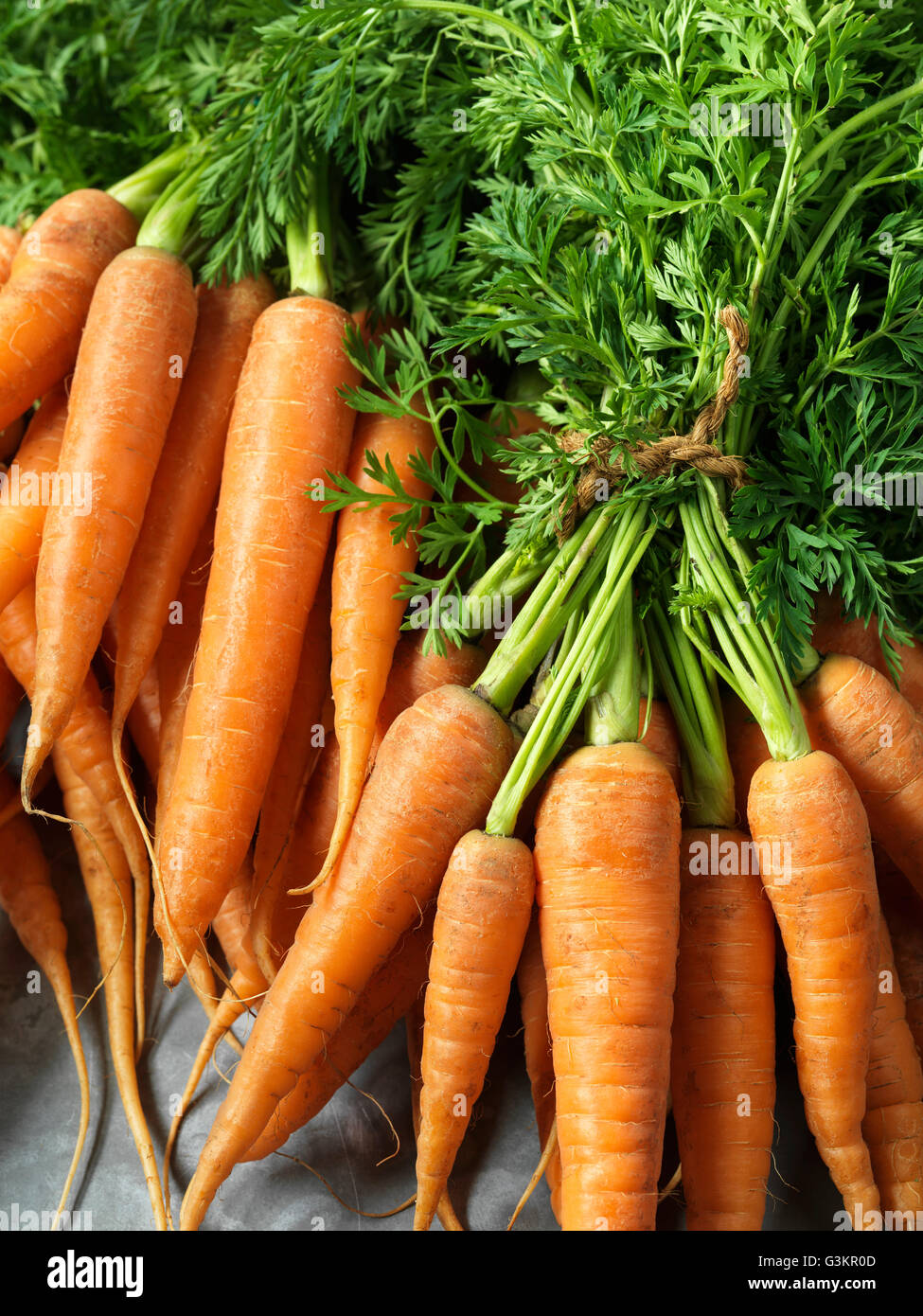 Le carote fresche con cime di carota, legati con spago, close-up Foto Stock