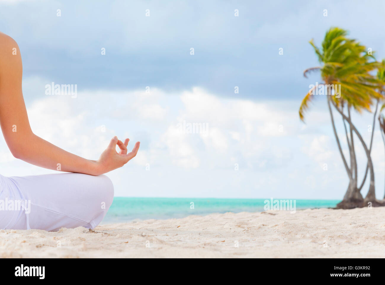 Tagliate vista posteriore della giovane donna a praticare yoga lotus pongono sulla spiaggia, Repubblica Dominicana, Caraibi Foto Stock