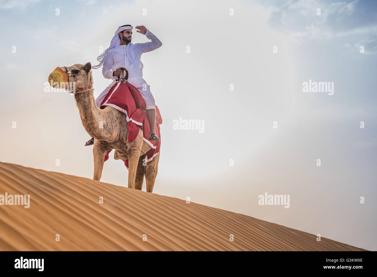 L'uomo indossando il tradizionale del medio oriente a cavallo vestiti cammello nel deserto, Dubai, Emirati Arabi Uniti Foto Stock