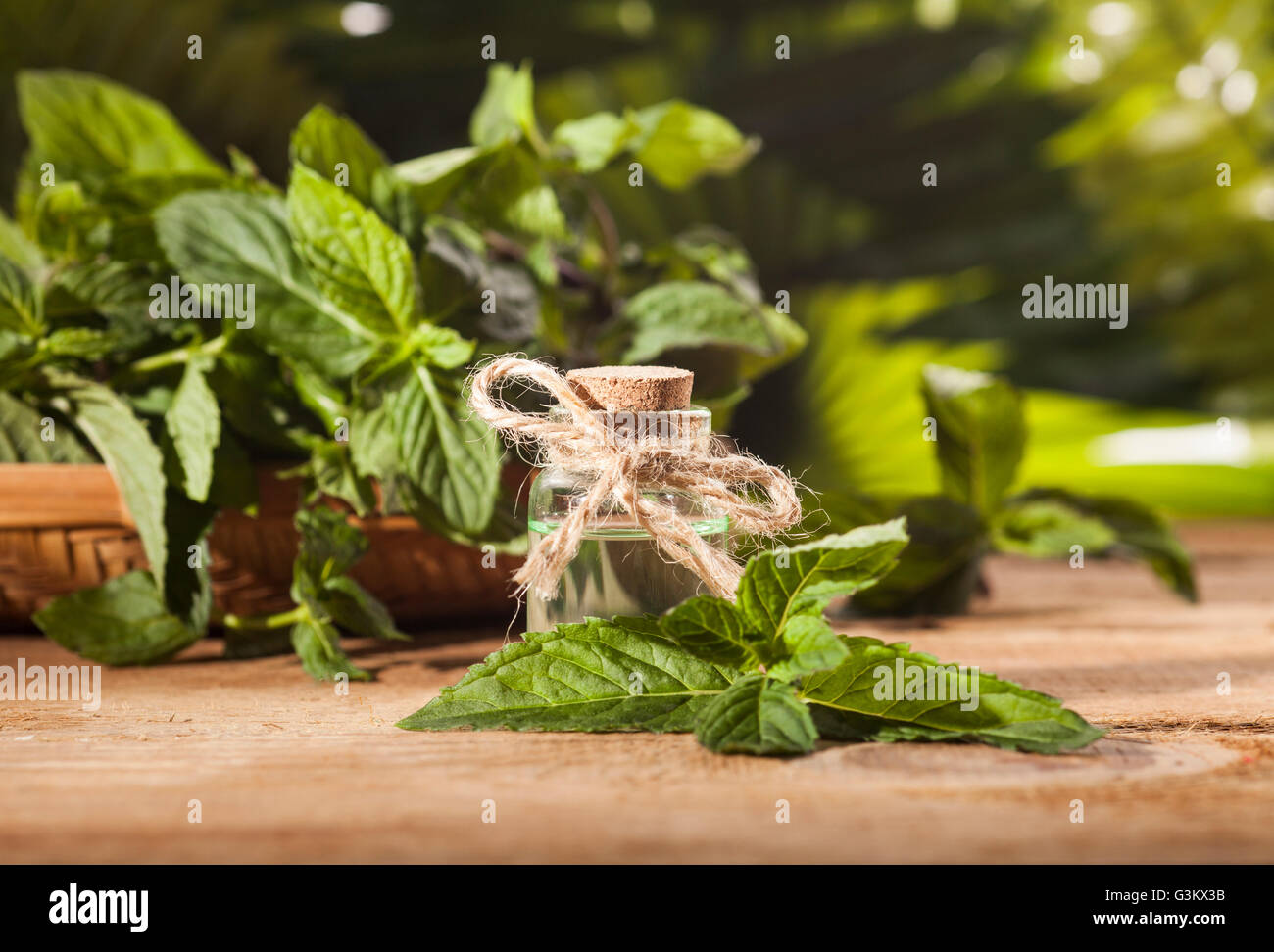Aroma essenziale con olio di menta piperita su sfondo di legno. Messa a fuoco selettiva, orizzontale. Foto Stock