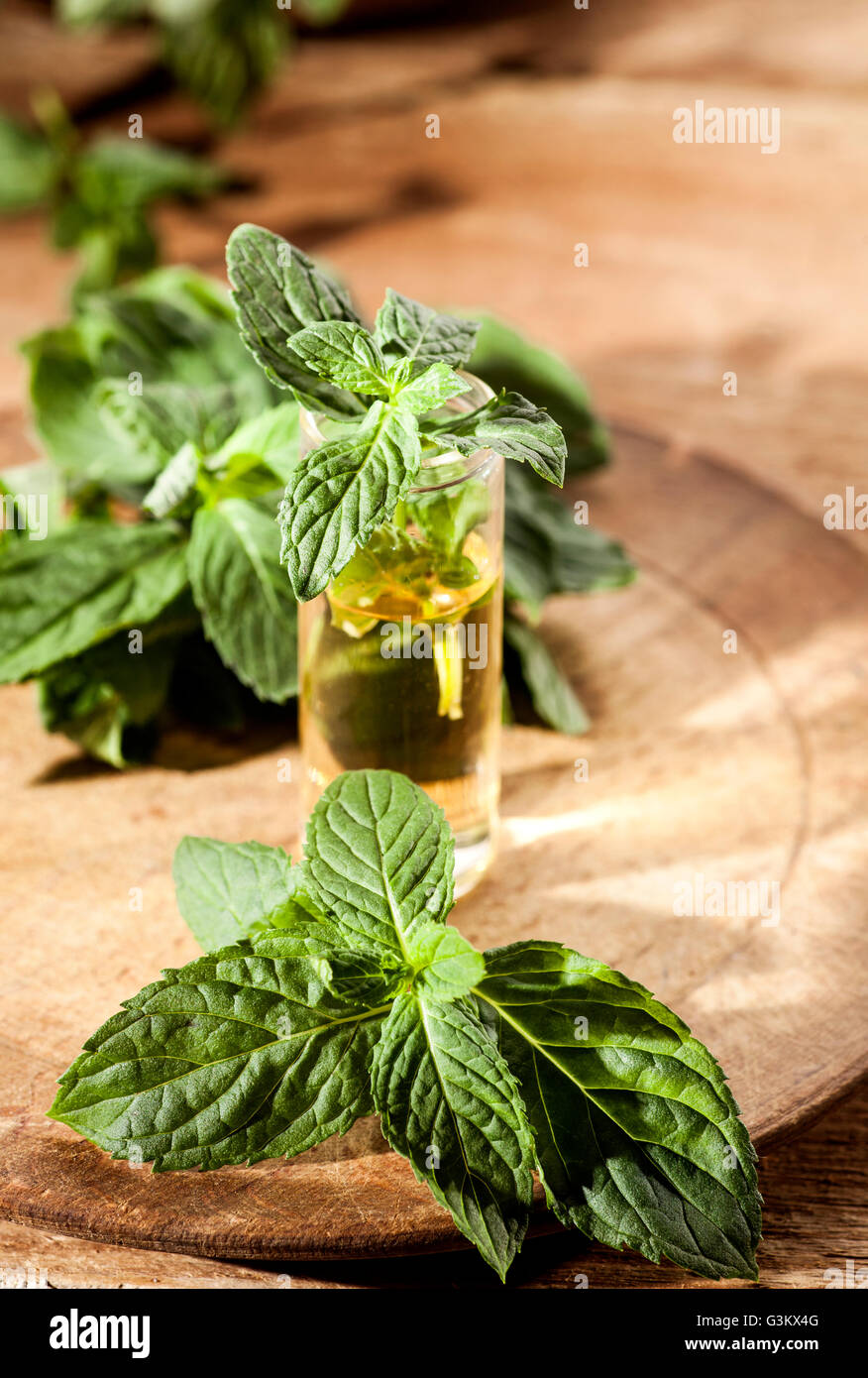 Aroma essenziale con olio di menta piperita su sfondo di legno. Messa a fuoco selettiva, orizzontale. Foto Stock