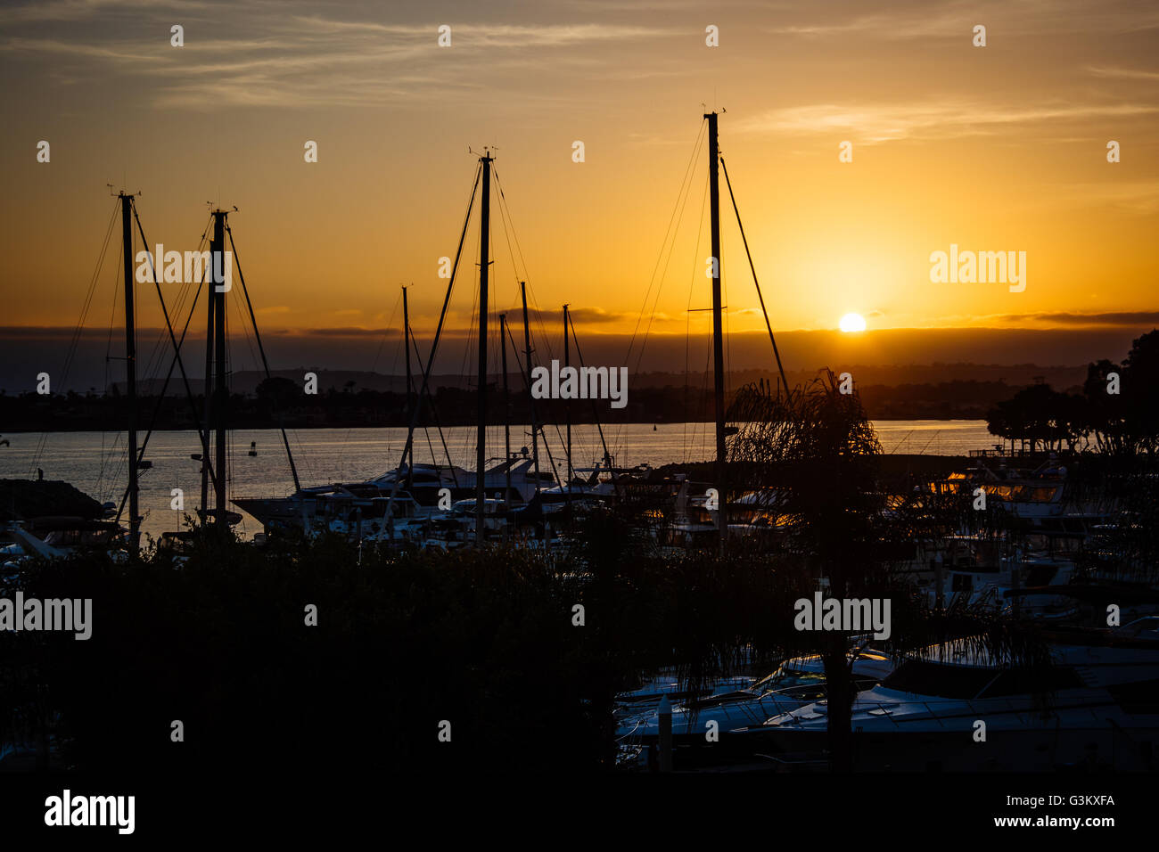 Tramonto sull'Embarcadero a San Diego, California. Foto Stock