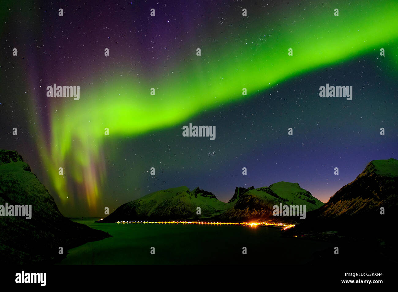 Aurora Boreale, luci del nord oltre Bergsbotn, Senja, Norvegia Foto Stock