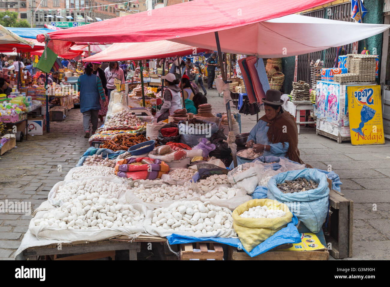 La Paz, Bolivia - Ottobre 24, 2015: Donna vegetale di vendita sul mercato di strada. Foto Stock