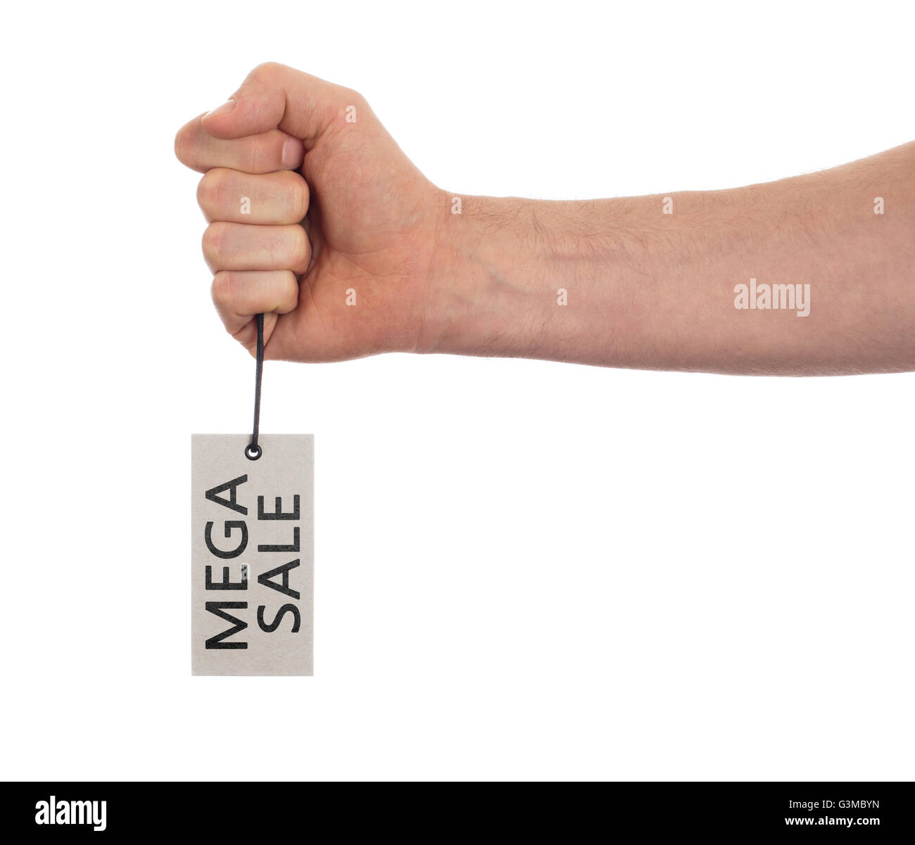Tag legati con spago, prezzo di etichetta - Mega vendita (isolato su bianco) Foto Stock