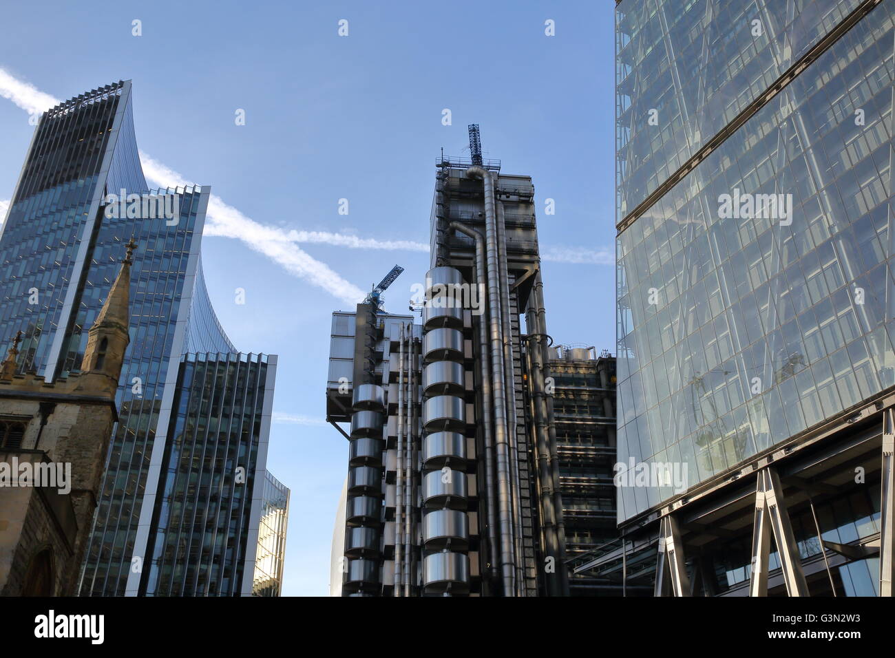 Il Lloyds Building, il Leadenhall Building e Willis Towers Watson edificio nel quartiere finanziario della City di Londra, Foto Stock