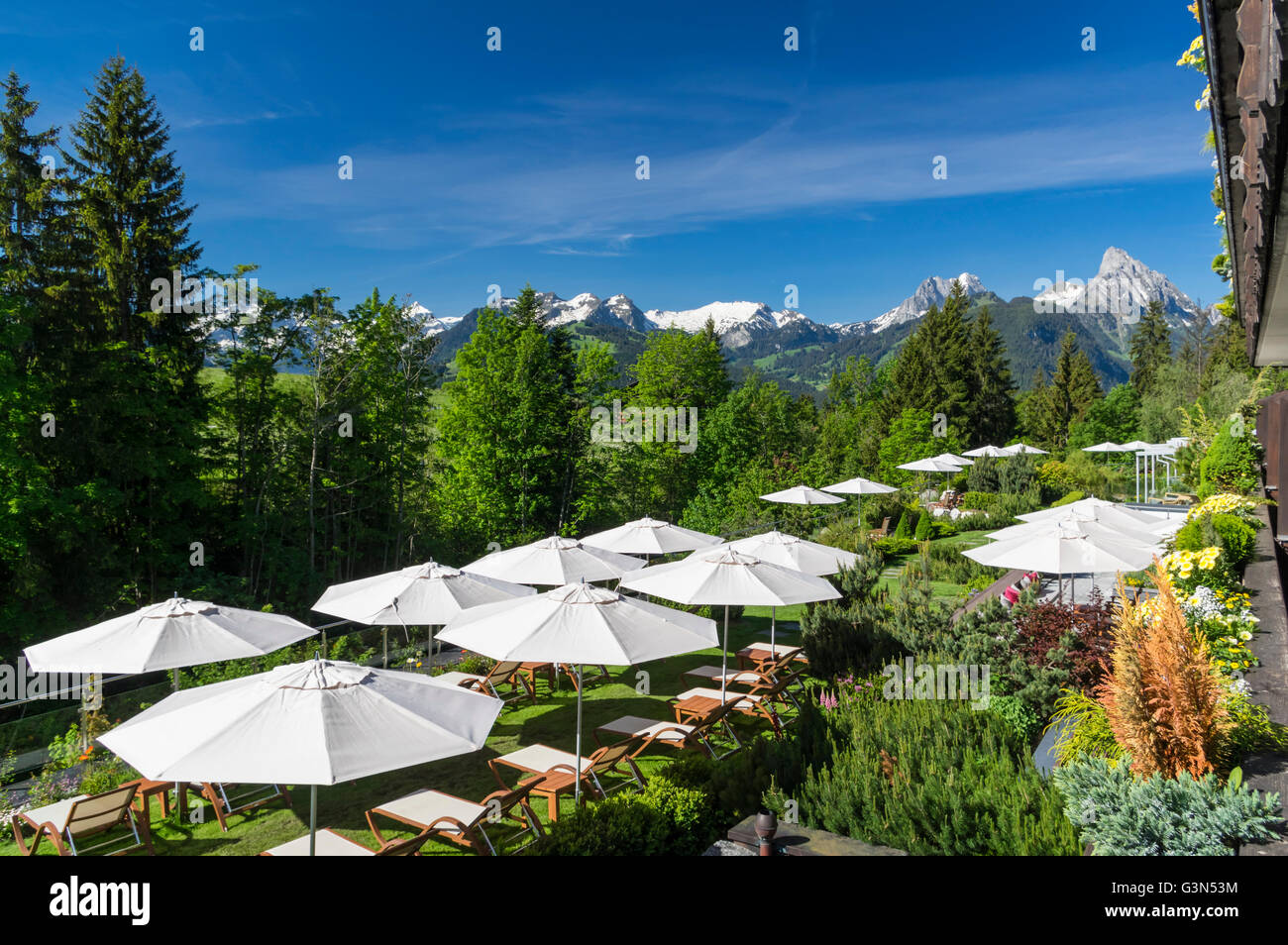 Vista del giardino del Ermitage Hotel Golf in Schönried ob Gstaad, Svizzera. Montagne dalle vette innevate sullo sfondo. Foto Stock